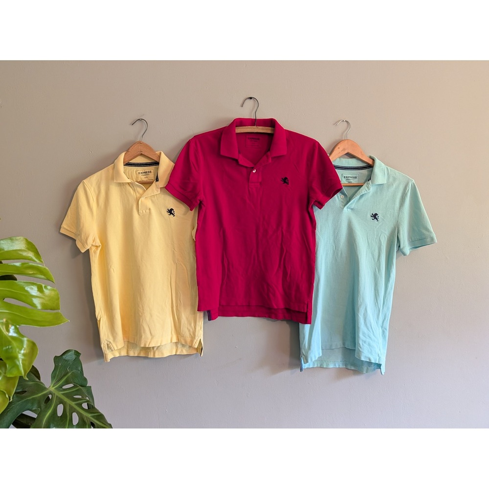 Express Mens Pique‎ Polo Shirt Bundle XS Yellow Red Blue Lion Logo 3 Pack